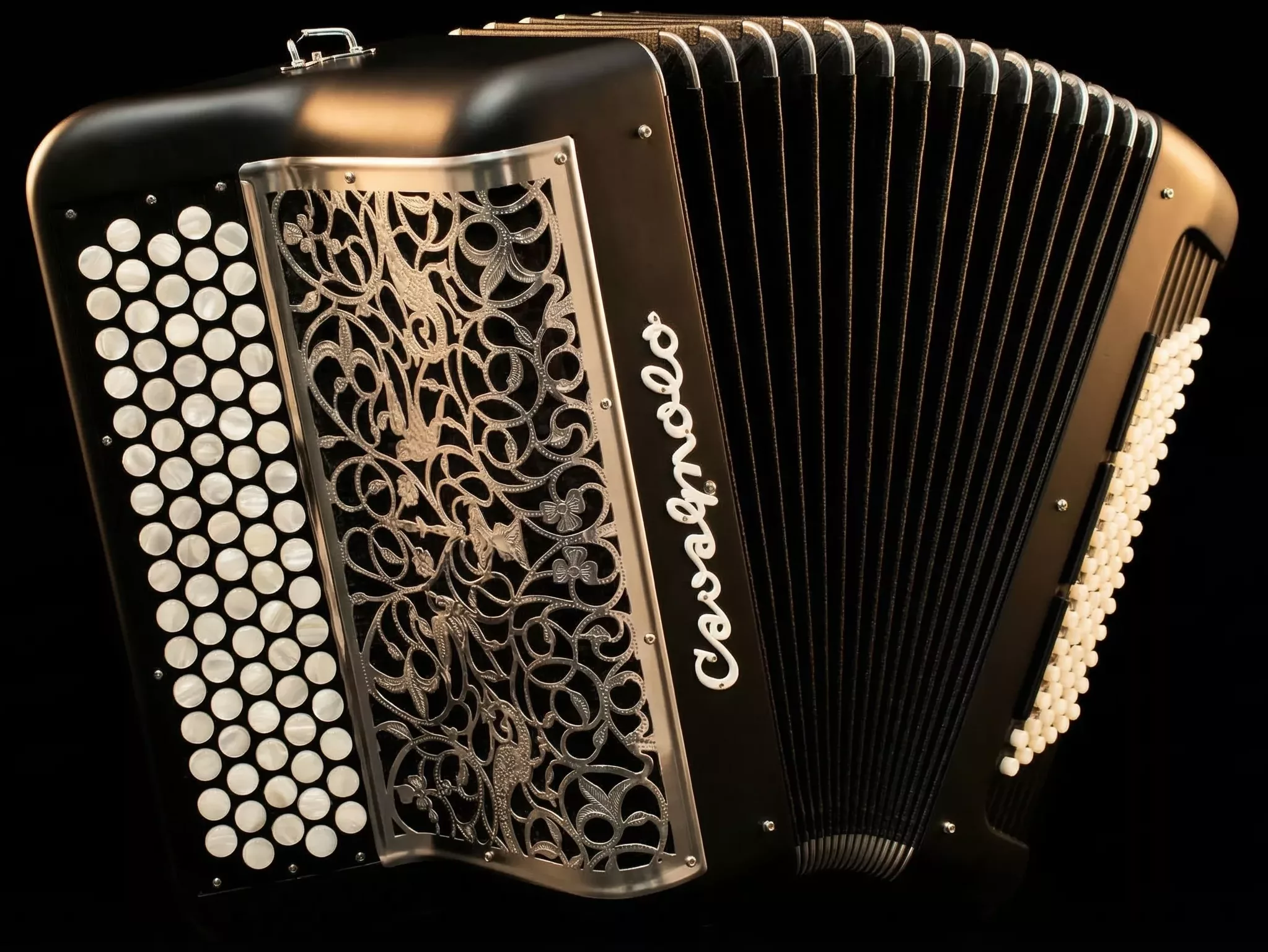 Accordéon Cavagnolo acoustique. Modèle Manouche finition noir satiné grille inox.