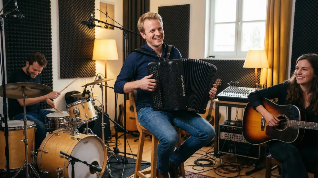 Homme qui joue sur un accordéon Cavagnolo équipé de microphones iMac Pro dans un studio d'enregistrement.