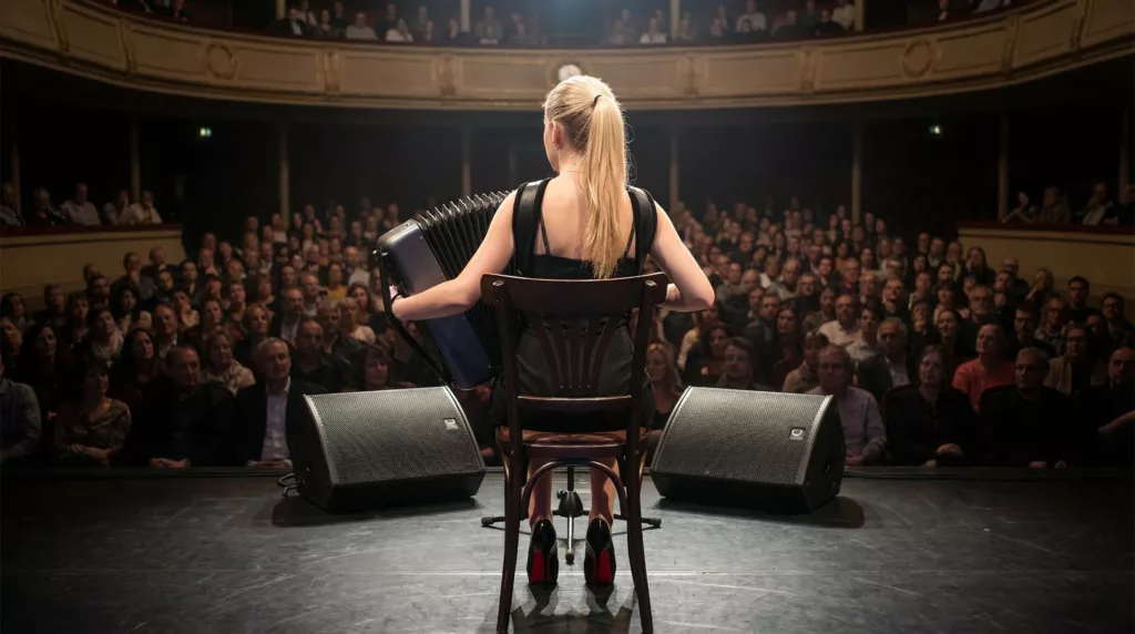 Femme concertiste qui joue sur un accordéon Cavagnolo équipé de microphones iMac