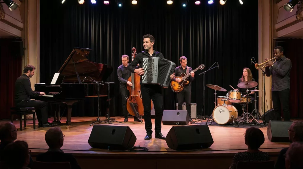 Homme qui joue de la musique jazz avec un accordéon Cavagnolo Vedette 10.