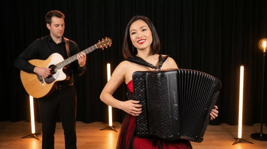 Femme asiatique qui joue sur un accordéon Cavagnolo Vedette 10 Plus, accompagnée d'un guitariste.