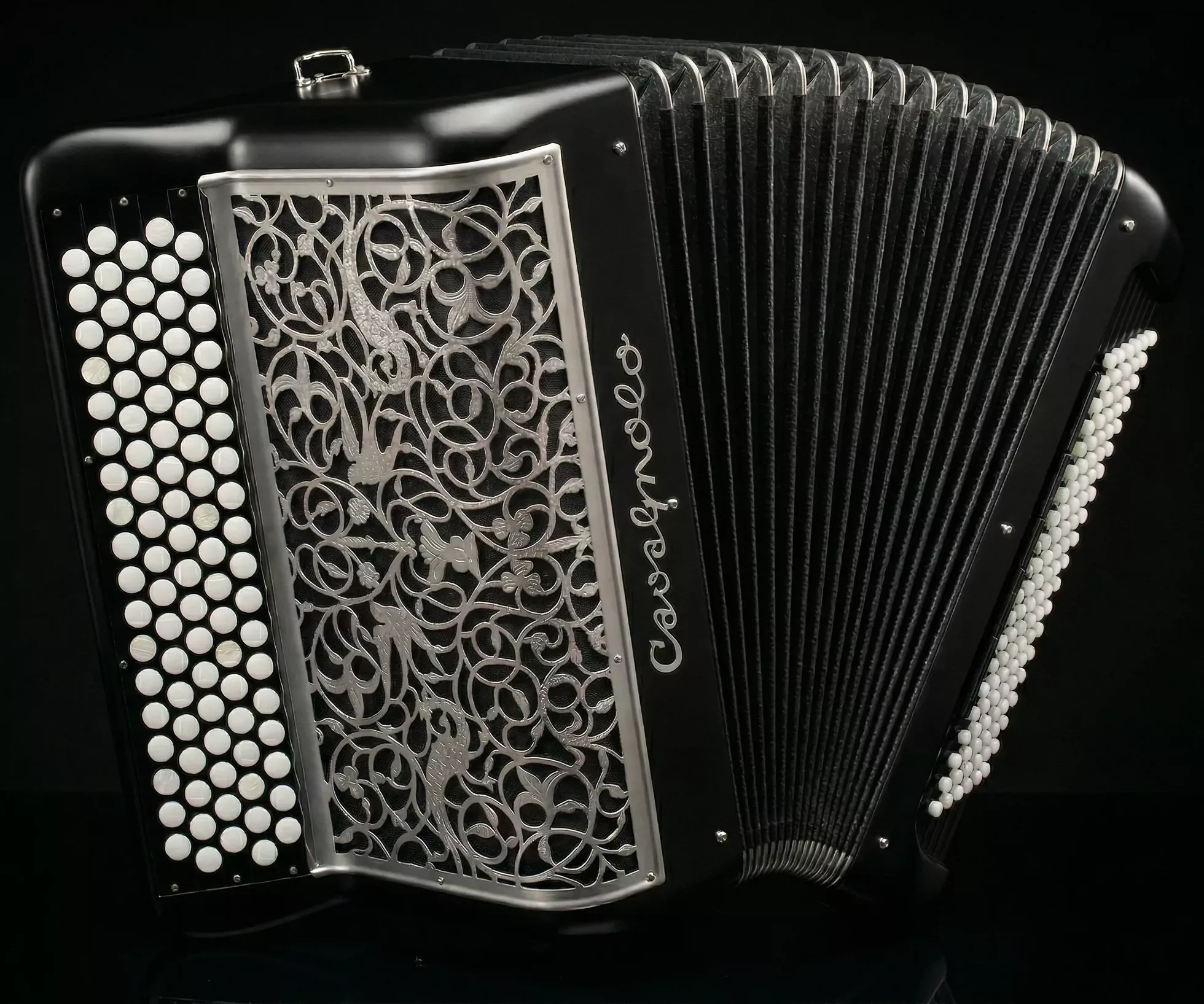 Accordéon Cavagnolo acoustique. Modèle Vedette 10 Plus. Finition noir satiné grille inox.