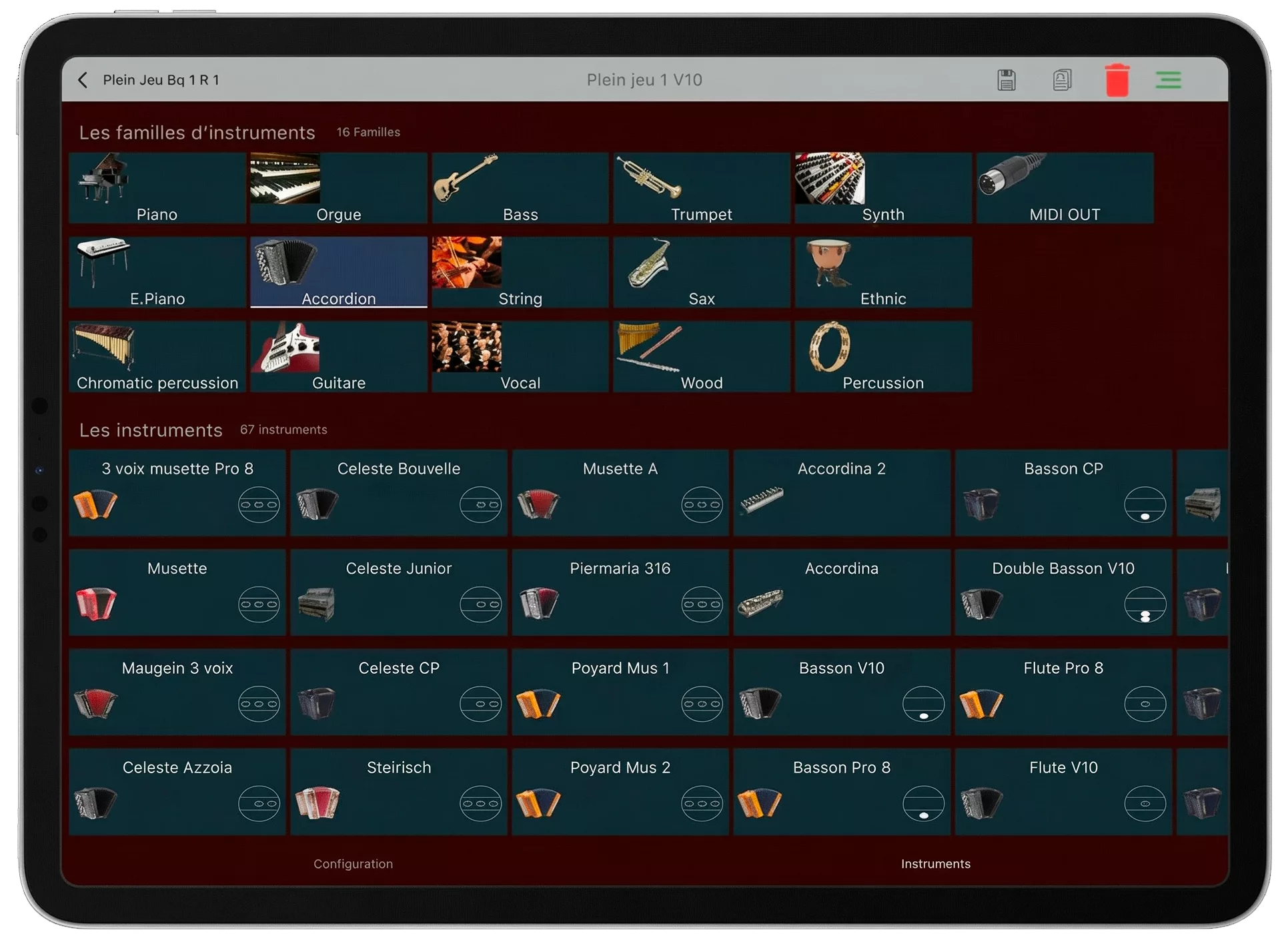 Application Digit AIR Cavagnolo pour Apple iPad. Sélection des sons.