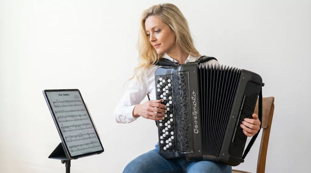 Femme qui joue sur un Digit AiR Millenium ultime et qui utilise l'application Digit AiR pour lire ses partitions