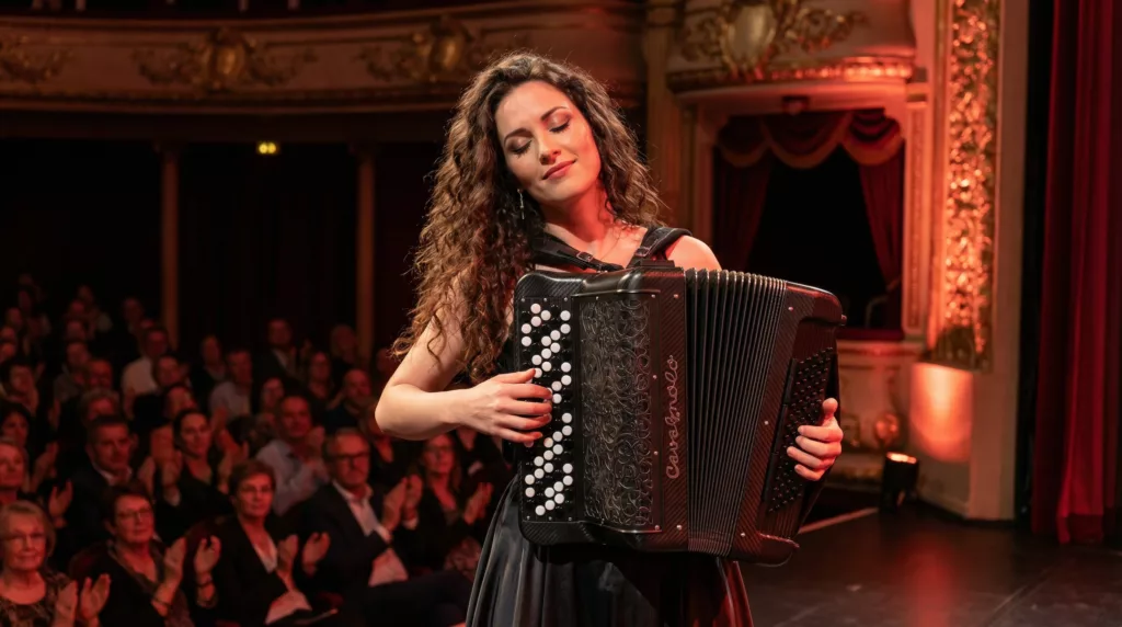 Femme qui joue sur un accordéon Cavagnolo série Ultime. Finition carbone satiné.