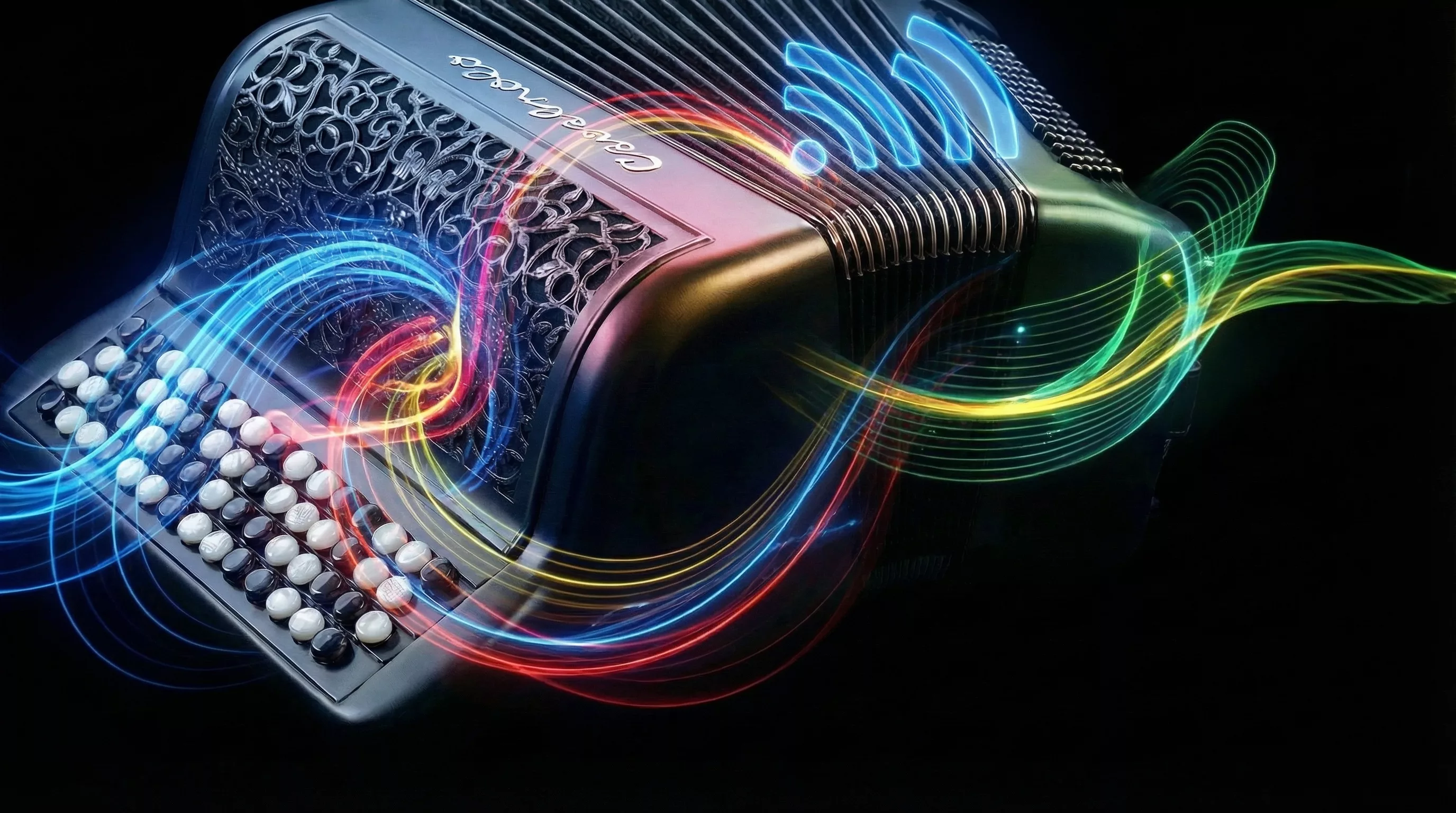 Représentation moderne et artistique d'un accordéon acoustique équipé MIDI sans fil. Système HF Midi Essentiel