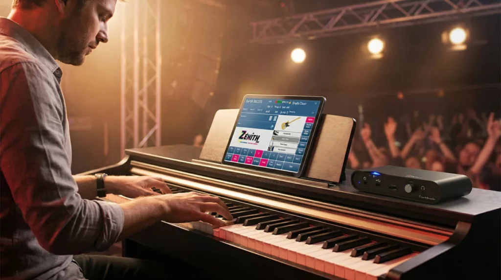 Pianiste utilisant sur scène un arrangeur Cavagnolo Zénith One