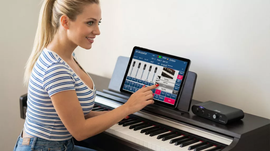 Femme sur un piano numérique qui utilise un arrangeur Cavagnolo Zénith One
