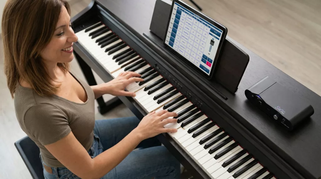Femme qui joue du piano numérique avec un arrangeur Zenith One Cavagnolo