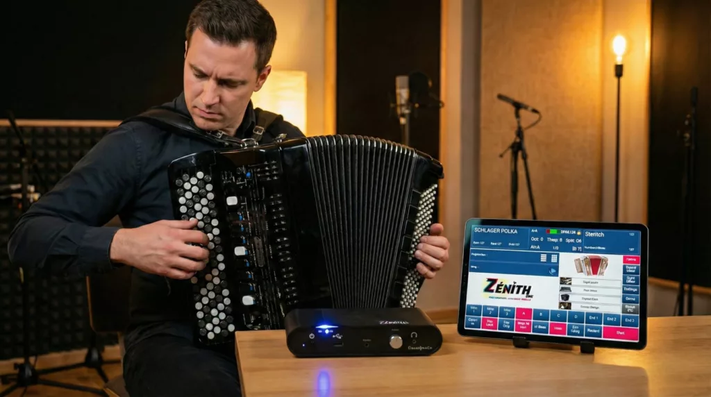 Homme qui utilise un arrangeur Cavagnolo Zénith One avec un accordéon numérique