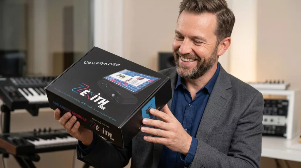 Homme tenant la boite d'origine d'un arrangeur Cavagnolo Zénith One