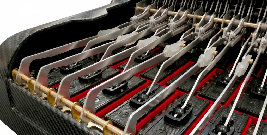 Mécanique et soupapes d'une accordéon Cavagnolo Ultime. Accordéon en carbone.