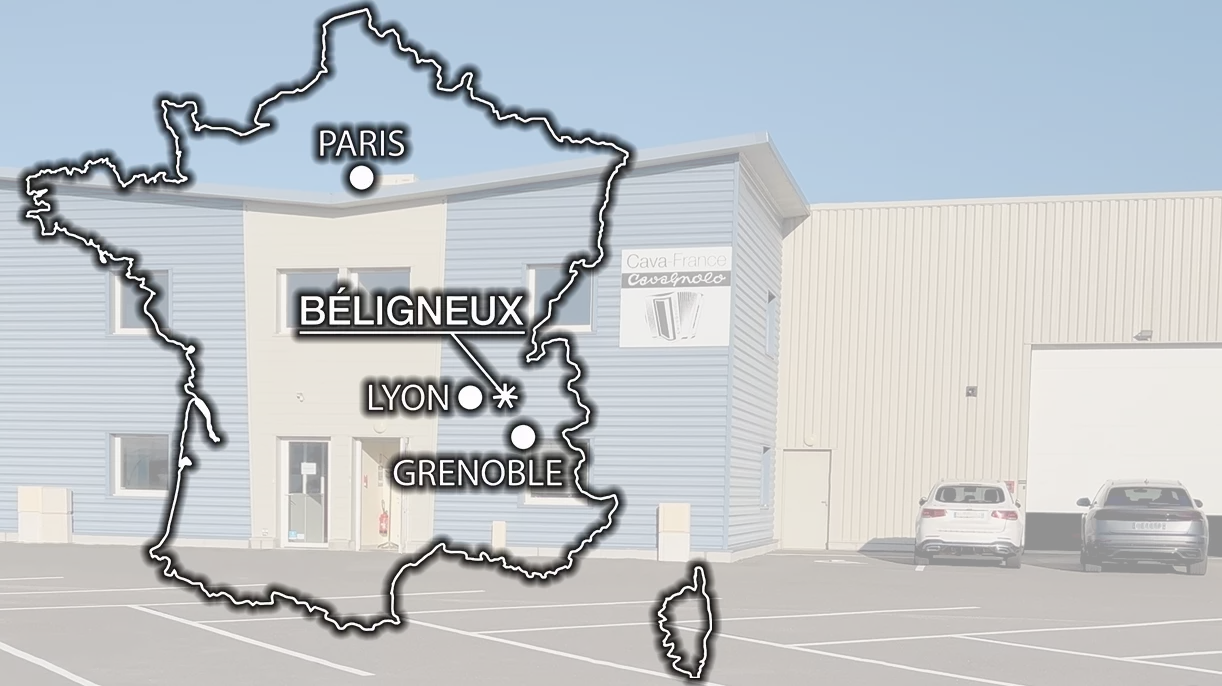 Représentations sur la carte de France de l'usine Cavagnolo, manufacture d'accordéons